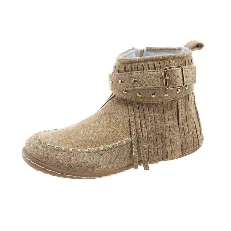 Damen nan Fransen-Mokassin-Stiefelette mit Ziergurt, Schnalle und weicher Gummisohle Drune