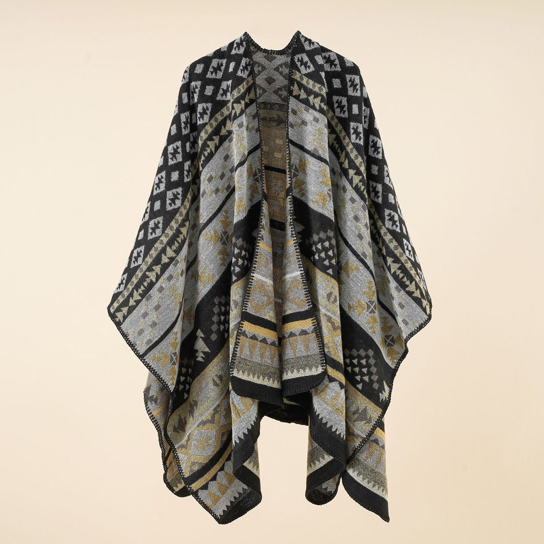 Damen Oversize Strickponcho mit Ethno-Geometrischem Muster Drune