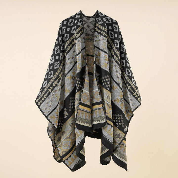 Damen Oversize Strickponcho mit Ethno-Geometrischem Muster Drune