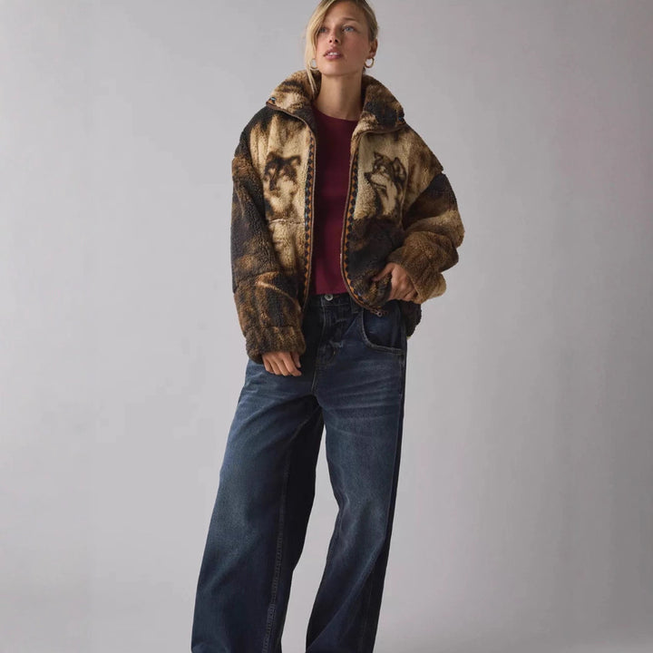 Damen Fleecejacke mit Tiermotiv und hohem Kragen Drune