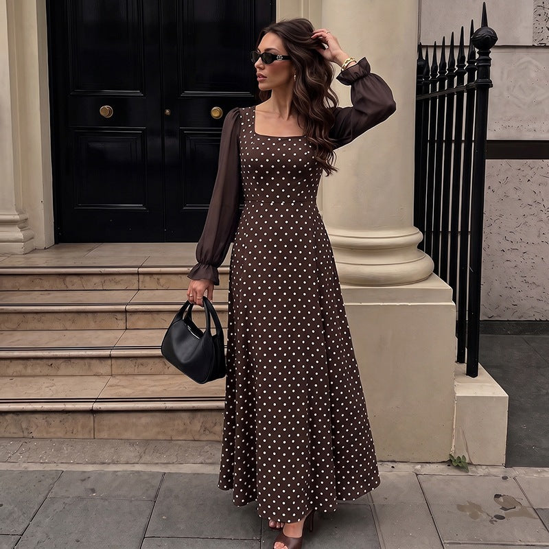 Damen Langes Maxikleid mit Puffärmeln und Punkten Drune