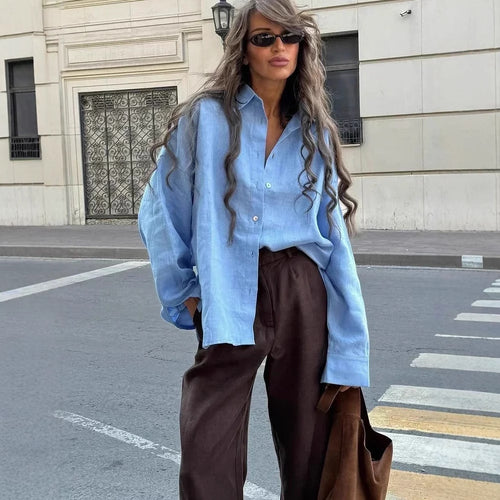 Damen luftige Leinenbluse mit stylischem Knotendetail und langen Ärmeln Drune