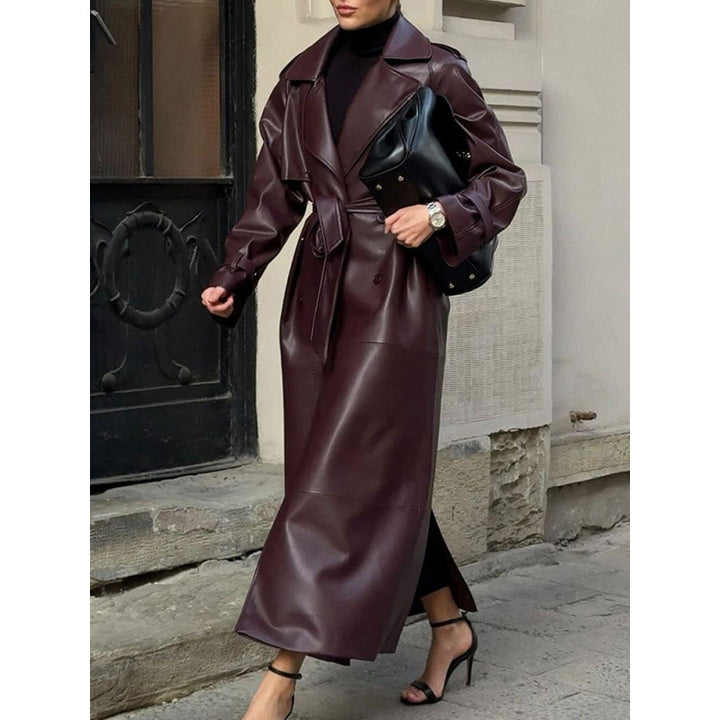 Damen modischer Kunstleder-Trenchcoat mit Gürtel und praktischen Taschen Drune