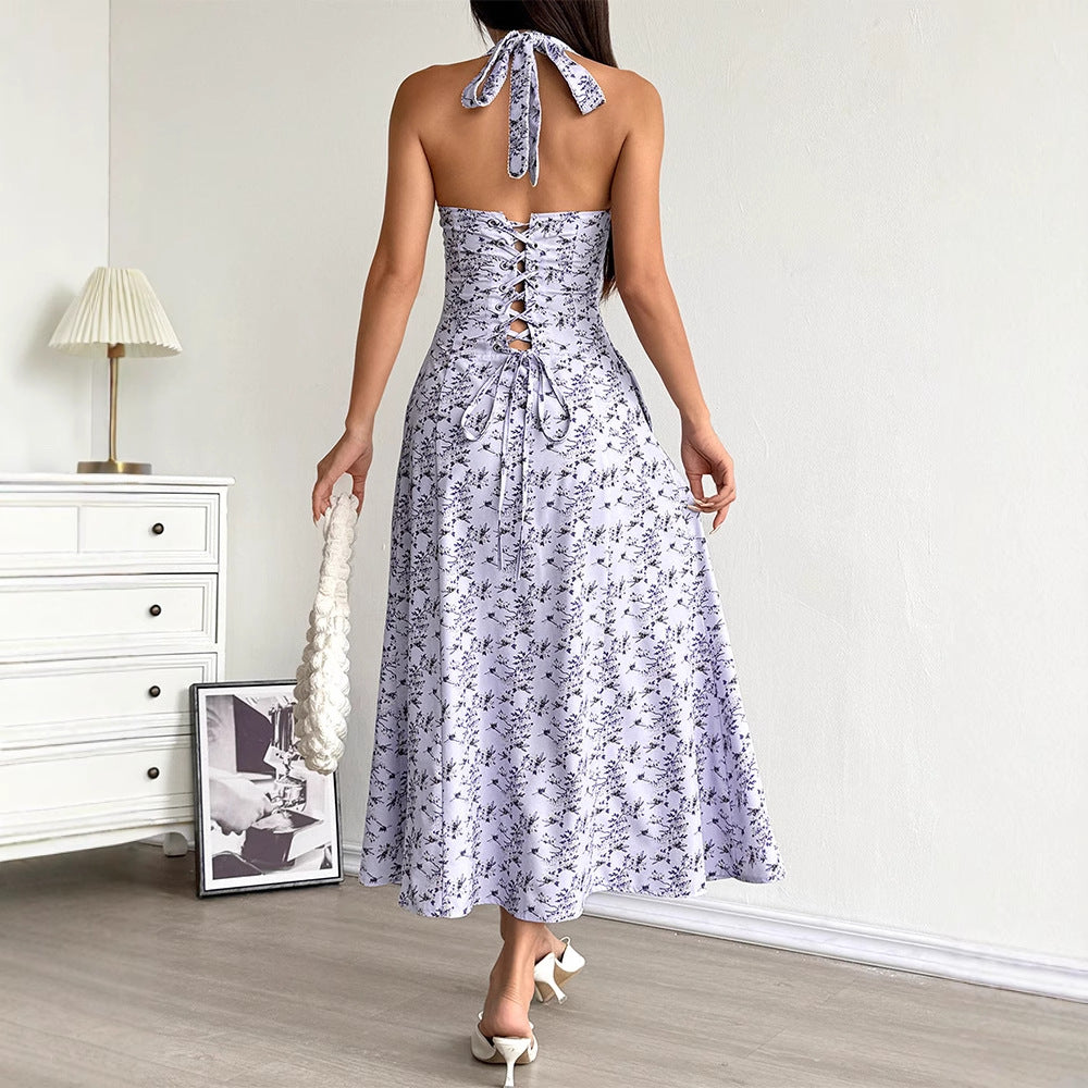 Damen Sommerliches Maxikleid mit floralem Halterdesign und seitlichem Schlitz Drune