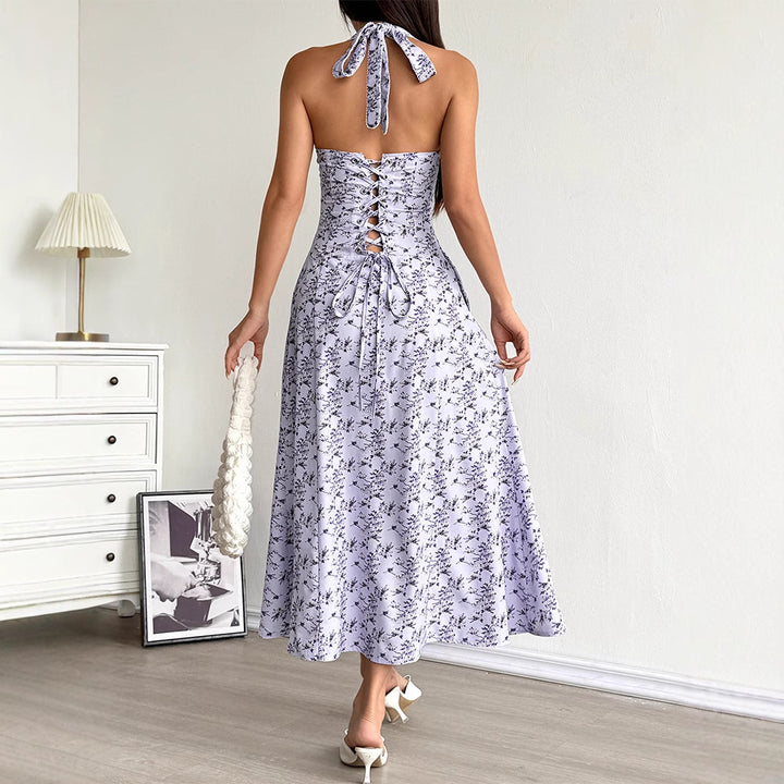 Damen Sommerliches Maxikleid mit floralem Halterdesign und seitlichem Schlitz Drune