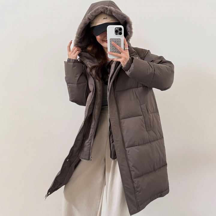 Damen Eleganter gefütterter Winterparka mit Plüschkragen und praktischen Taschen Drune