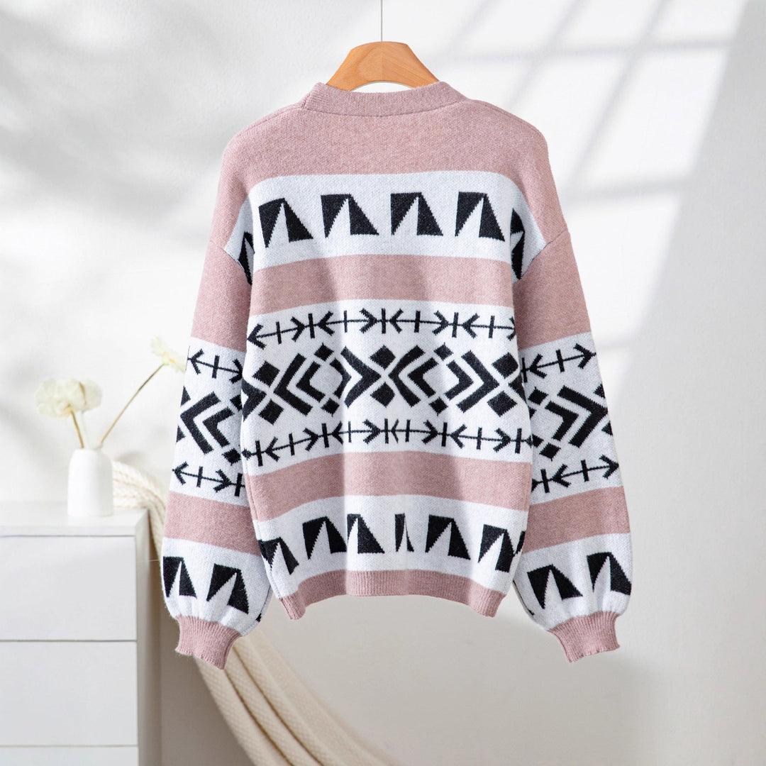 Damen gemütliche Strickjacke mit dekorativem Ethnomuster und offenem Schnitt Drune