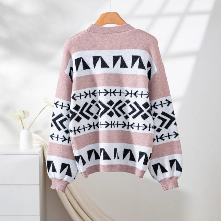 Damen gemütliche Strickjacke mit dekorativem Ethnomuster und offenem Schnitt Drune