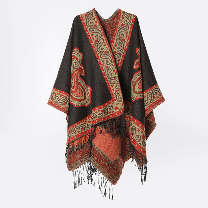 Damen Oversize‑Wickelcape im Paisley‑Jacquard mit Fransen und V‑Ausschnitt Drune