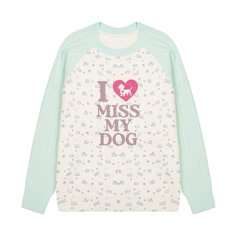Damen Strickpullover mit Raglanärmeln, Allover-Hundemotiv und Statement-Print Drune