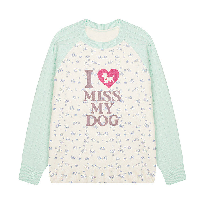 Damen Strickpullover mit Raglanärmeln, Allover-Hundemotiv und Statement-Print Drune
