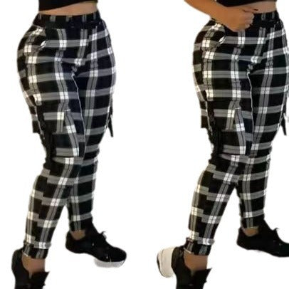 Damen Karierte Cargo-Hose mit elastischem Bund und vielseitigen Taschen Drune