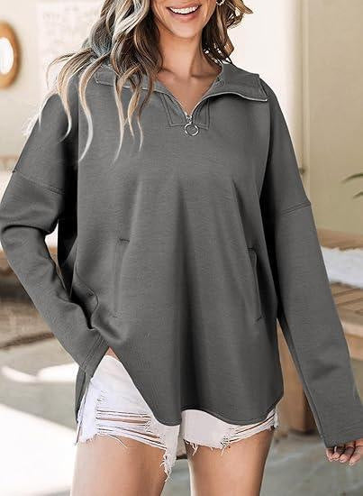 Damen lässiger Oversized Pullover mit halben Reißverschluss und Seitentaschen Drune