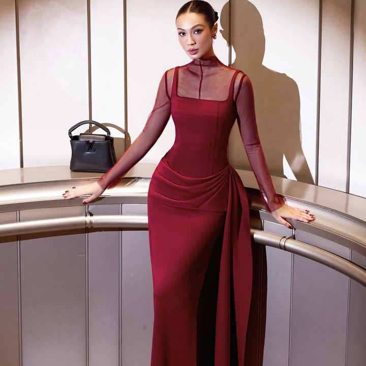Damen Elegantes Maxikleid mit transparenten Ärmeln und drapiertem Rock Drune