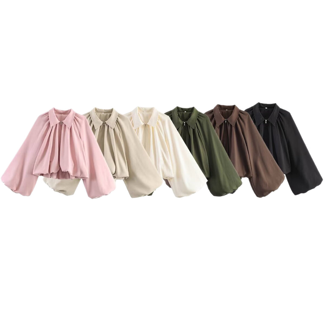 Damen Kurzcape mit Volumenärmeln, Reißverschluss und gerafftem Saum Drune