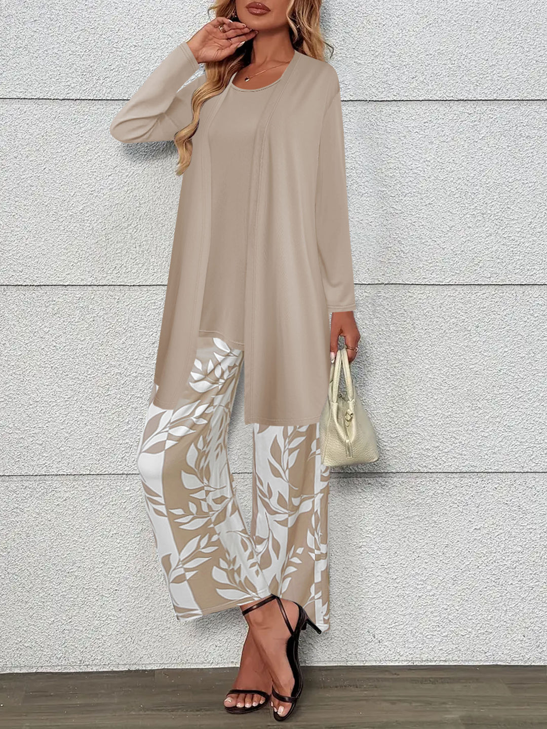 Damen Zweiteiler Offener Longcardigan mit Langarm und Palazzo‑Hose mit Blattprint Drune