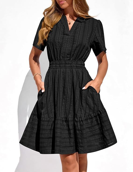Damen Tailliertes Stufen-Midikleid mit Smokbund, V‑Ausschnitt und Eingrifftaschen Drune