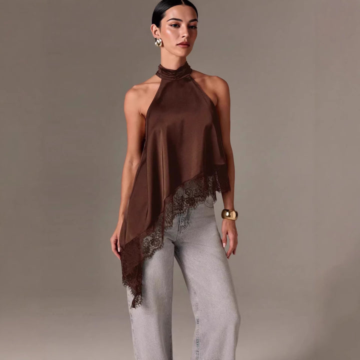 Damen luftiges Chiffon-Top mit eleganter Spitzenverzierung Drune