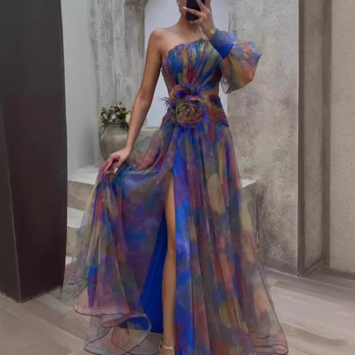 Damen Elegantes Maxi-Kleid mit asymmetrischem Design und floralen Akzenten Drune