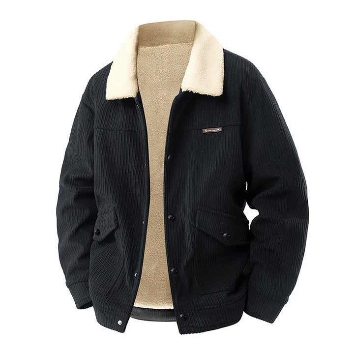 Männer's  schwerer geripptes Corduroy-Jacke mit Sherpa-Kragen und Druckknopfklapptaschen Drune