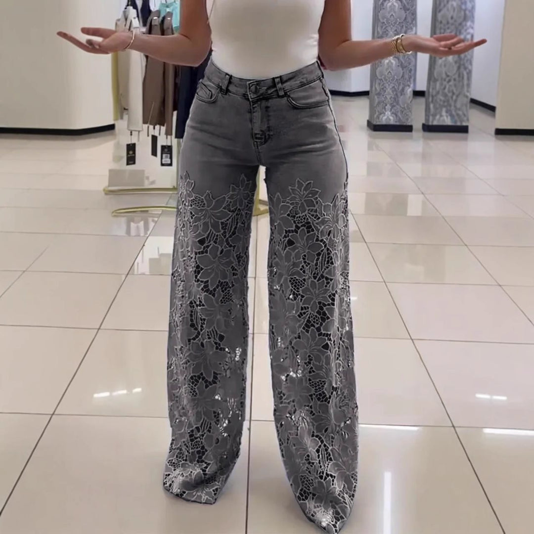 Damen Elegante weite Jeanshose mit floralem Spitzeinsatz Drune