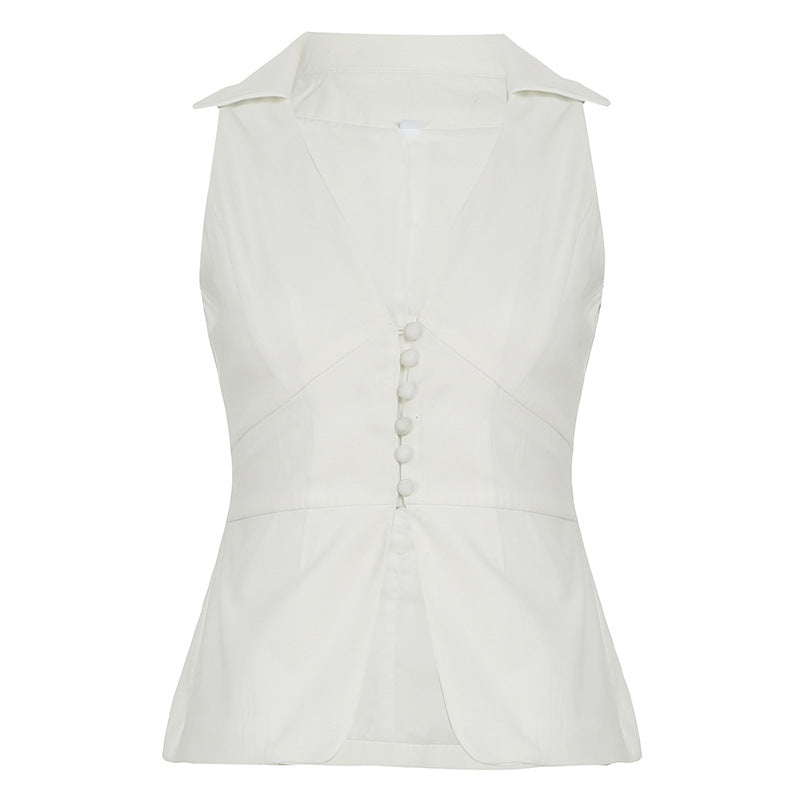 Damen elegantes ärmelloses Top mit figurbetontem Schnitt und stylischem Kragen Drune