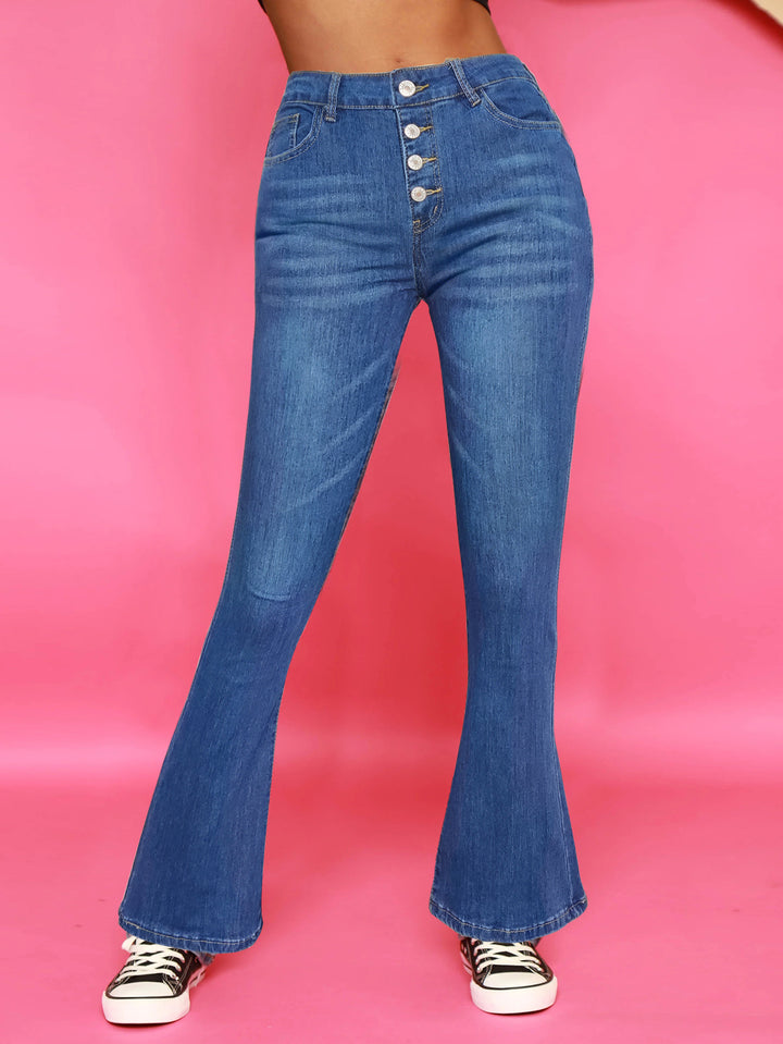 Damen Hochtaillierte Flared-Jeans mit sichtbarer Knopfleiste und sculptendem Superstretch-Comfort Drune