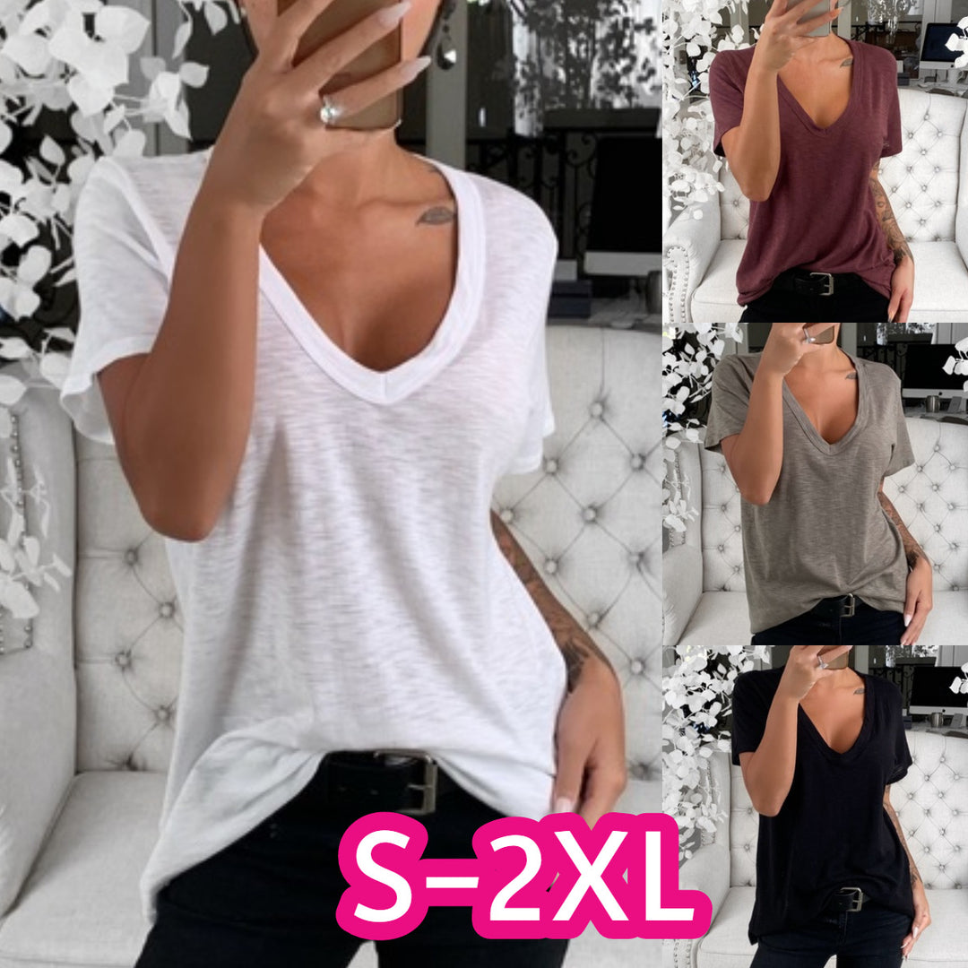 Damen lässiges V-Ausschnitt T-Shirt mit lockerer Passform Drune