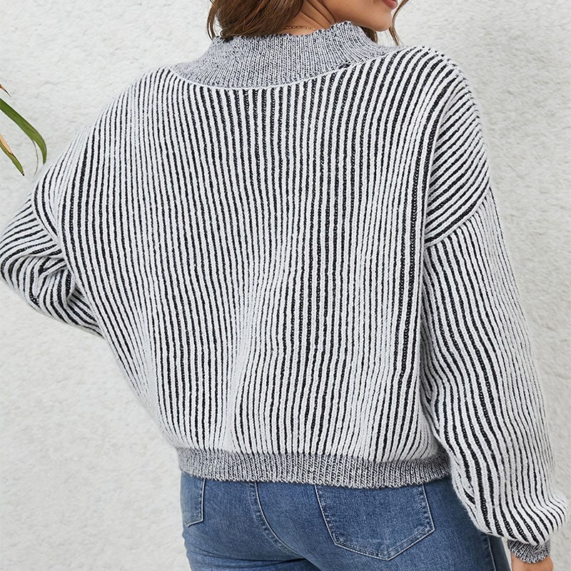 Damen Oversize-Strickpullover mit V-Ausschnitt und grafischem Streifenmuster Drune