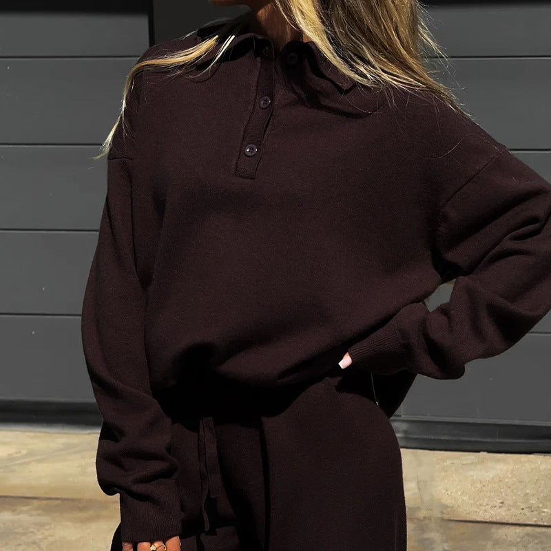 Damen Loungewear-Kombination mit lockerem Poloshirt und weitem Hosen Drune