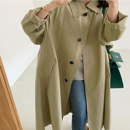 Damen Langer Baumwollmix‑Swingcoat im Oversize‑Look mit überschnittener Schulter und aufgesetzten Taschen Drune