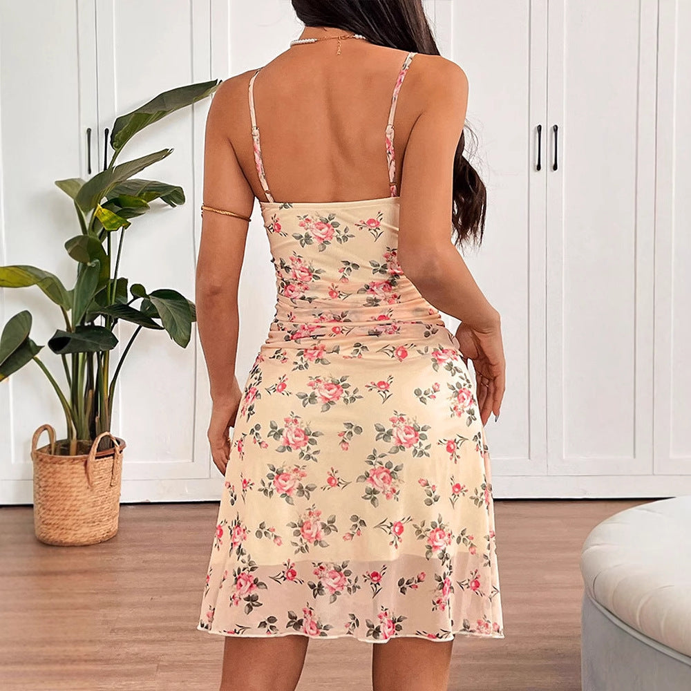Damen sommerliches Raffungskleid mit Spaghettiträgern Drune
