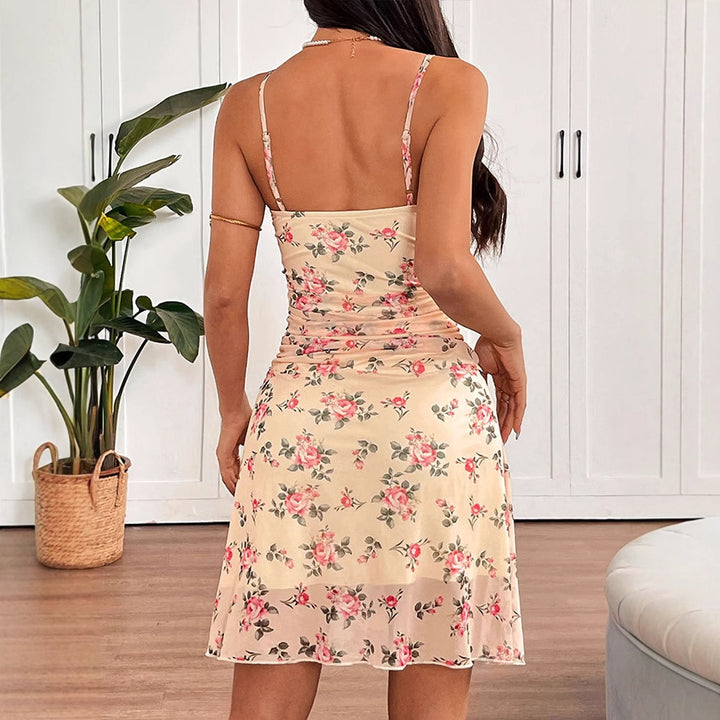 Damen sommerliches Raffungskleid mit Spaghettiträgern Drune