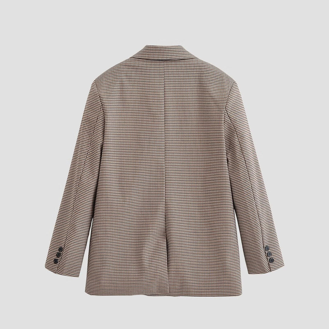 Damen Zweireihiger Oversize-Blazer mit Hahnentritt‑Muster und Pattentaschen Drune