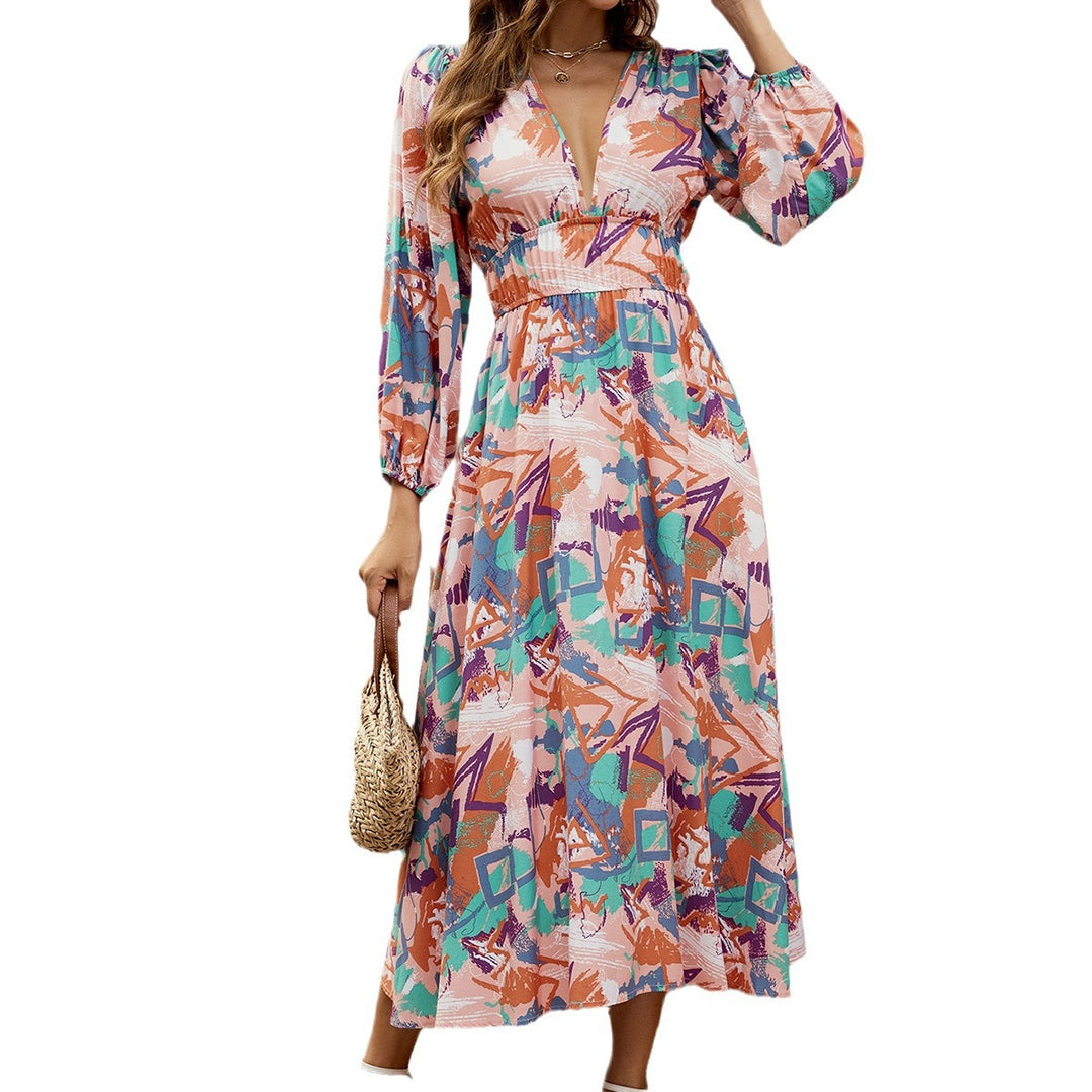 Damen Maxi-Kleid mit tiefem V-Ausschnitt und eleganten langen Ärmeln Drune