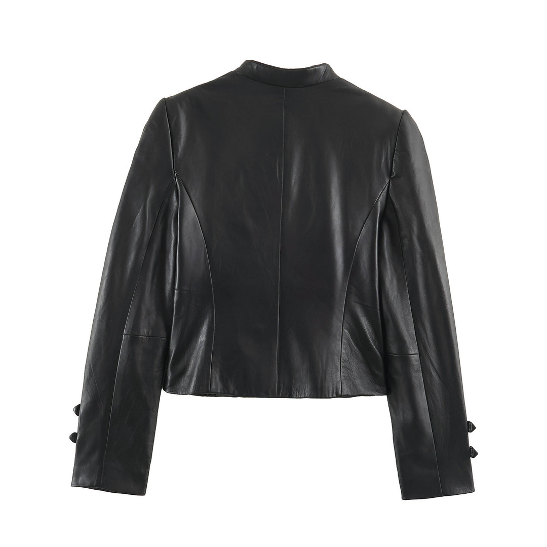 Damen Kurze Lederoptik‑Jacke im Military‑Look mit Stehkragen und Zierknopfleiste Drune