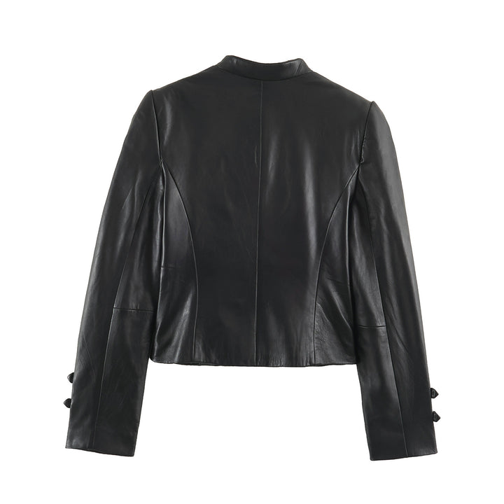 Damen Kurze Lederoptik‑Jacke im Military‑Look mit Stehkragen und Zierknopfleiste Drune