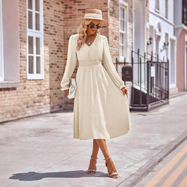 Damen Midikleid mit V-Ausschnitt, geraffter Smock-Taille und Knopfleiste Drune