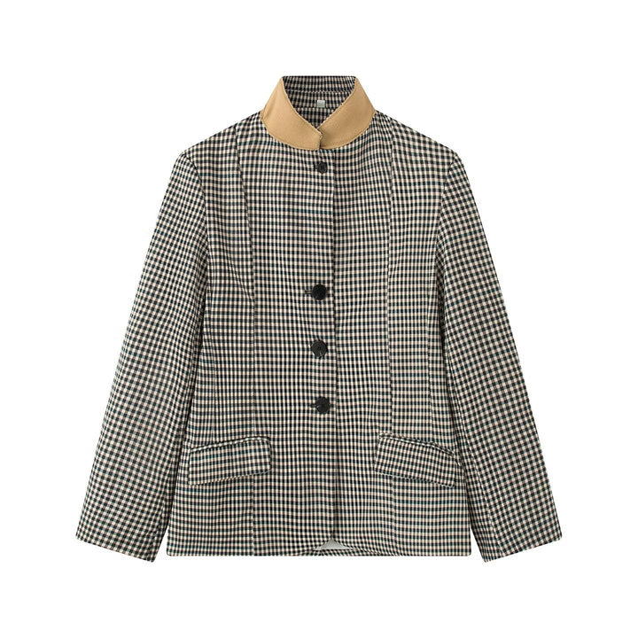 Damen Karierter Boxy‑Blazerjacke mit kontrastbesetztem Stehkragen und Pattentaschen Drune