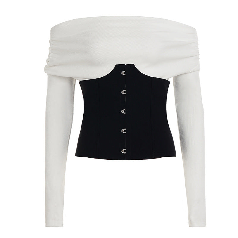 Damen Off-Shoulder Longsleeve mit eingesetzter Korsageoptik und Hakenverschluss Drune
