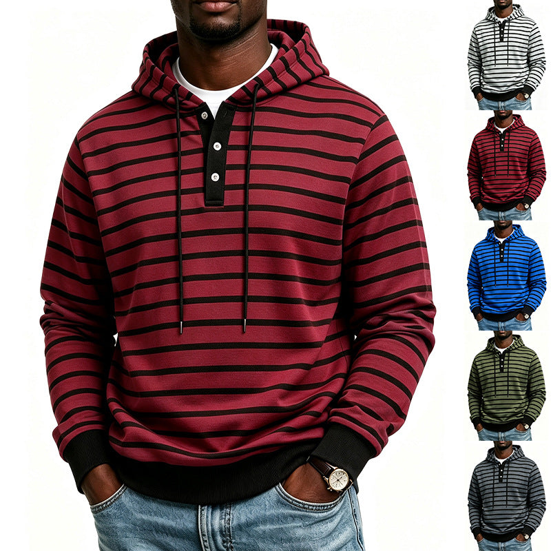 Herren Kapuzenpullover mit Henley-Knopfleiste und feinem Streifenstrukturmuster Drune
