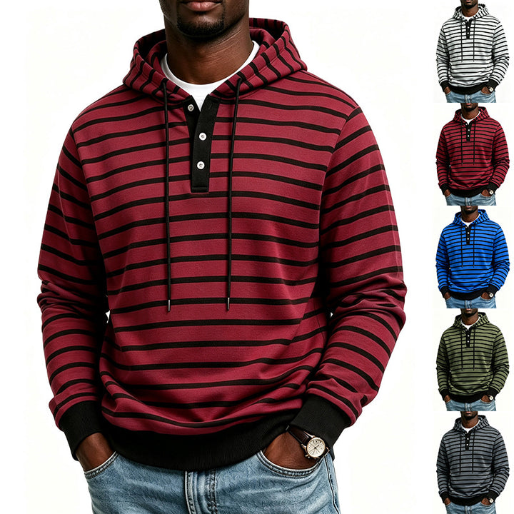 Herren Kapuzenpullover mit Henley-Knopfleiste und feinem Streifenstrukturmuster Drune