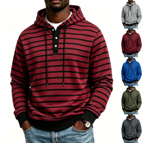 Herren Kapuzenpullover mit Henley-Knopfleiste und feinem Streifenstrukturmuster Drune