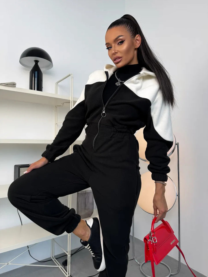 Damen gemütlicher Fleece-Overall mit Kapuze, durchgehendem Reißverschluss und elastischen Bündchen Drune