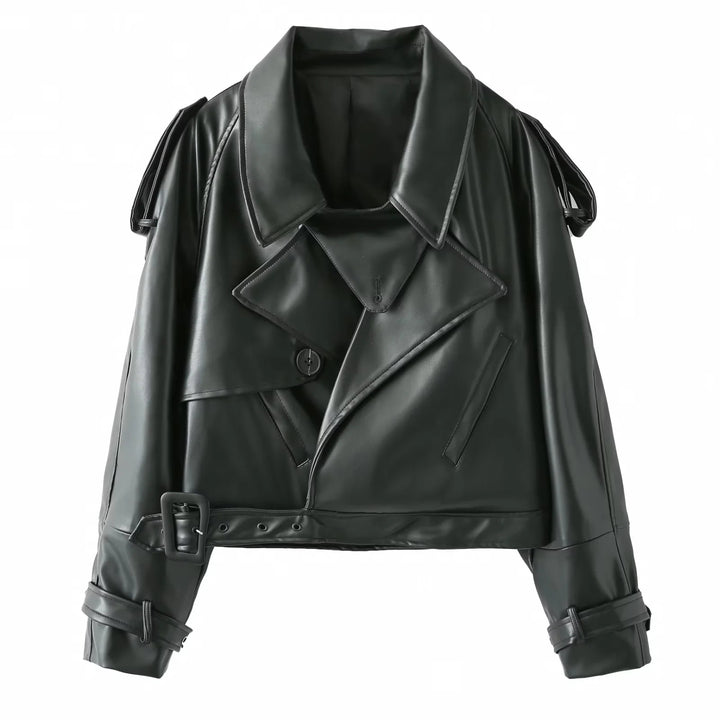 Damen nan cropped Kunstleder-Trenchblouson mit Schalkragen, Taillengürtel und verstellbaren Manschettenriemen Drune