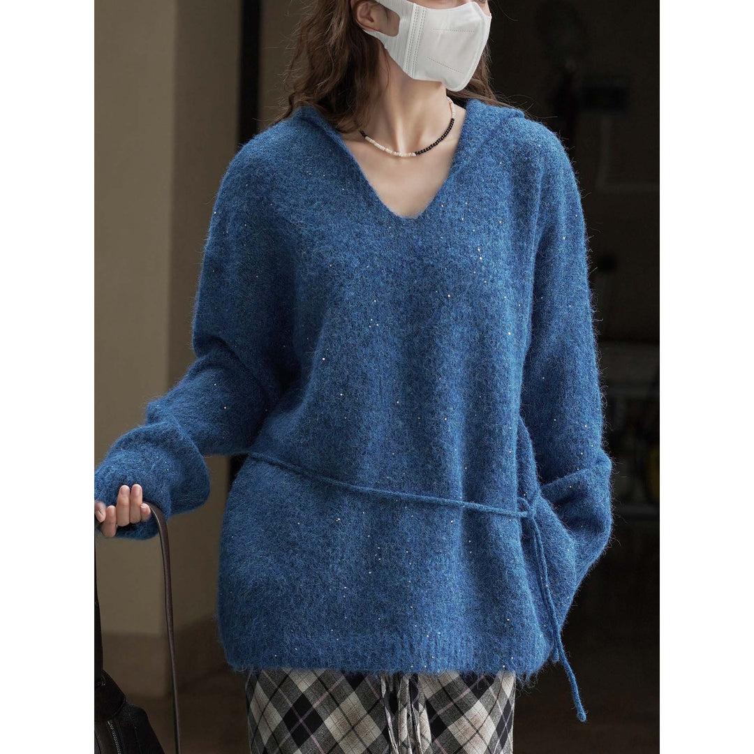 Damen Weicher Mohair‑Optik V‑Ausschnitt Pullover mit Tunnelzug‑Taillenband Drune