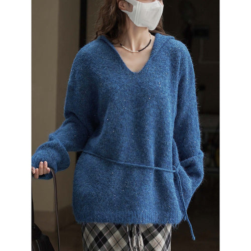 Damen Weicher Mohair‑Optik V‑Ausschnitt Pullover mit Tunnelzug‑Taillenband Drune