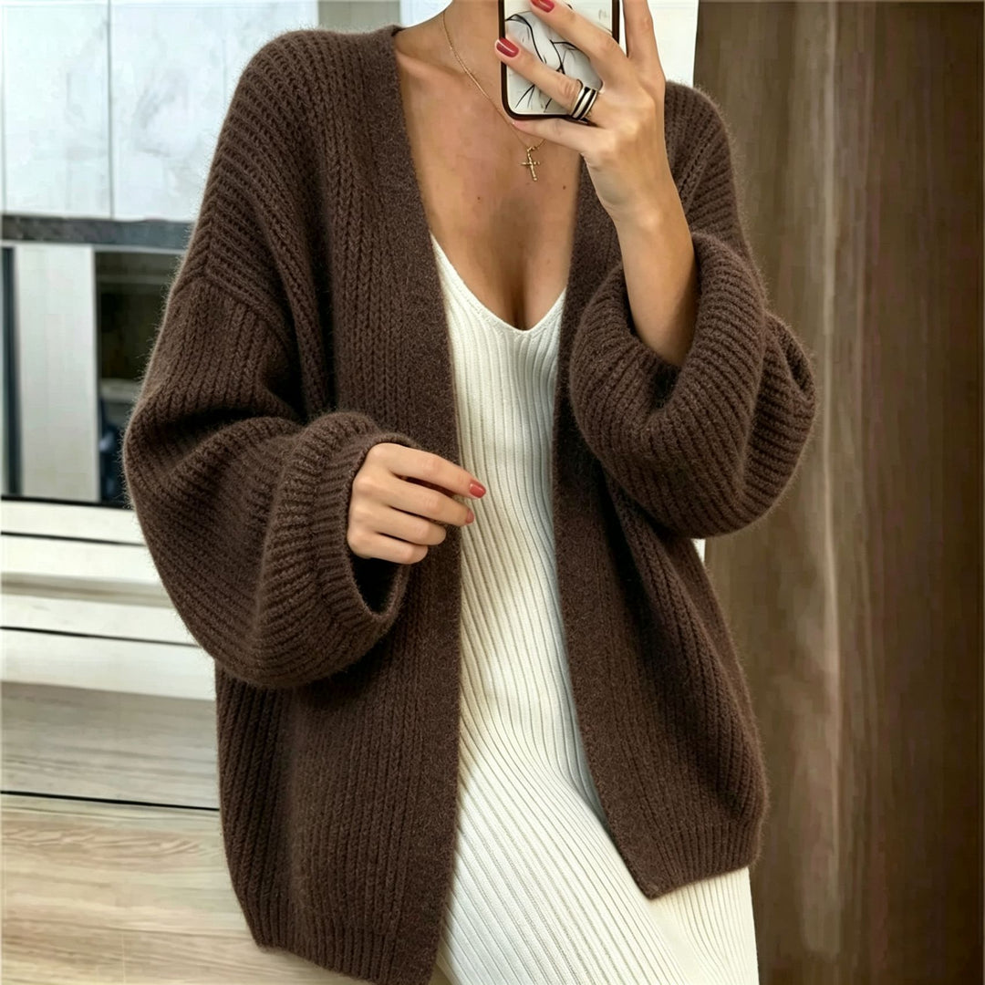 Damen Oversize-Cardigan aus grobem Rippstrick mit Ballonärmeln Drune