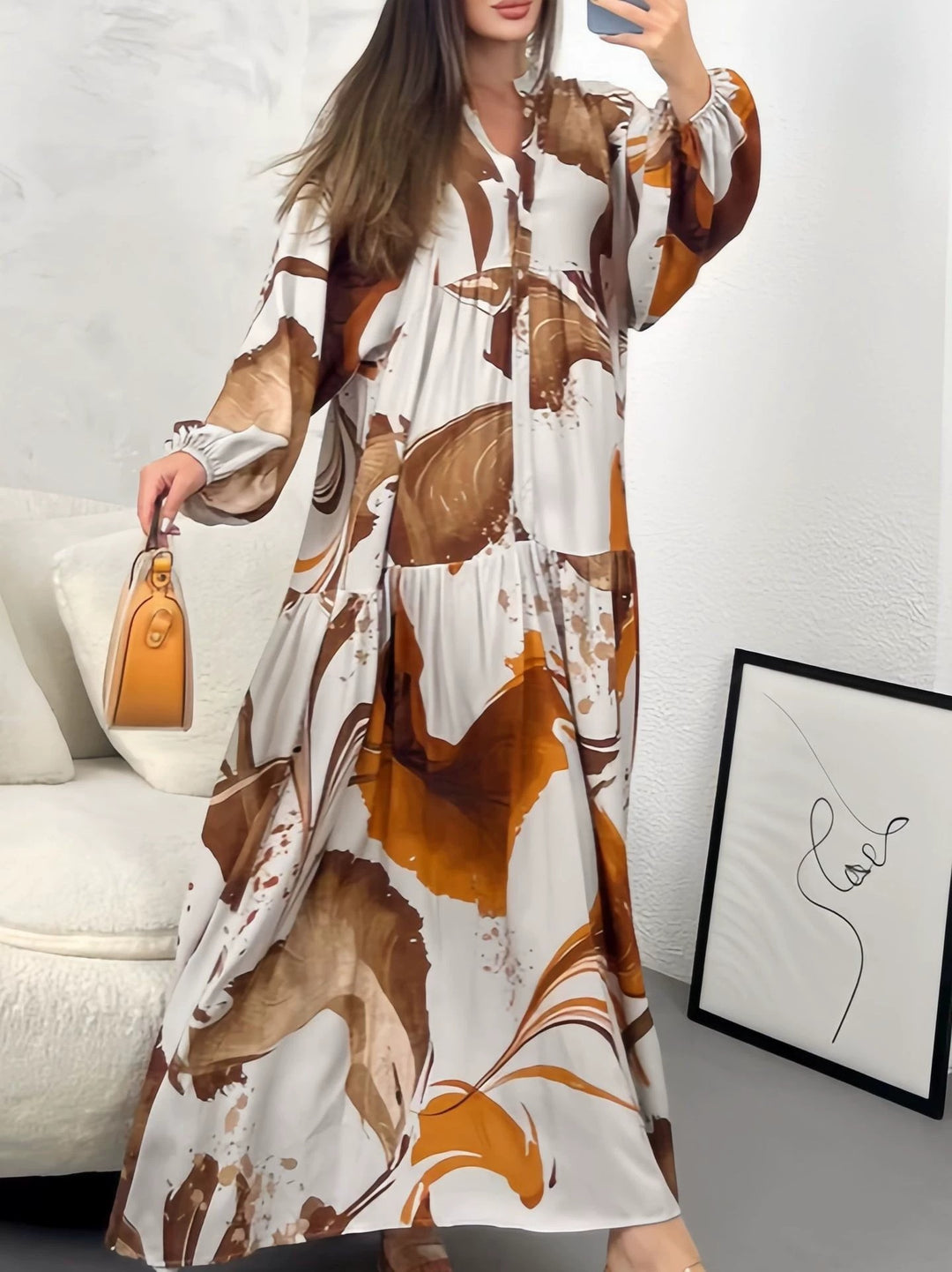 Damen Fließendes Maxikleid mit Stufenrock, überschnittenen Ballonärmeln und Stehkragen Drune