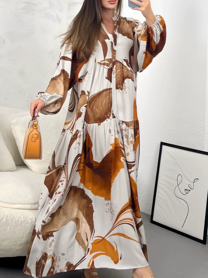 Damen Fließendes Maxikleid mit Stufenrock, überschnittenen Ballonärmeln und Stehkragen Drune